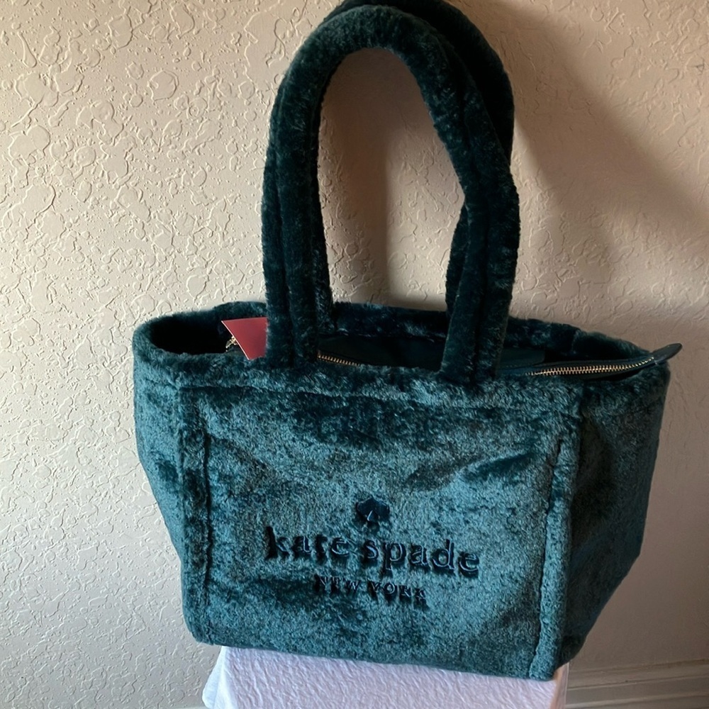 Kate Spade: NWT Ella Faux Shearling Plush Tote- Peacock/Teal- Large- Gold Tone